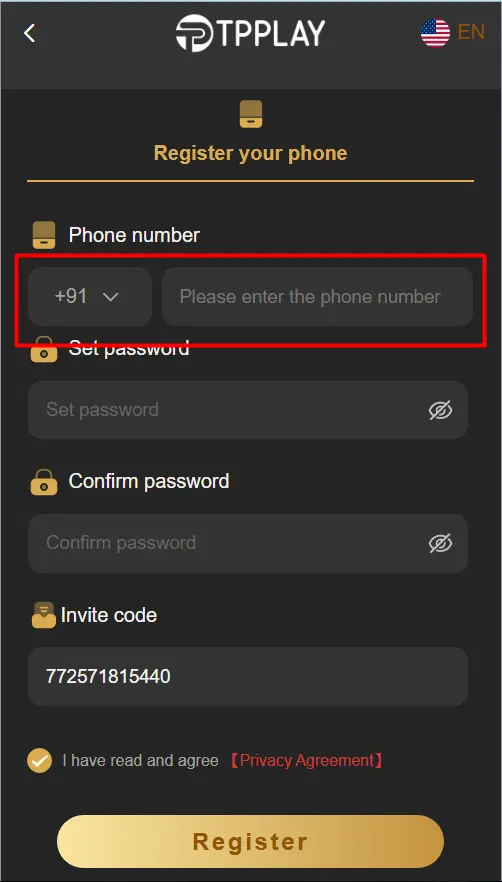 Choose the right country code and input your phone number.